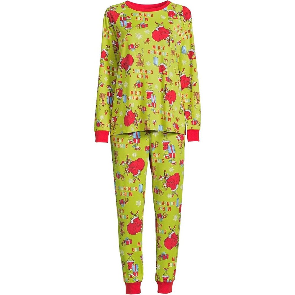 Dr. Seuss Merry Grinchmas Pajamas Set Long Sleeve Top & Pants Kids Size S Green